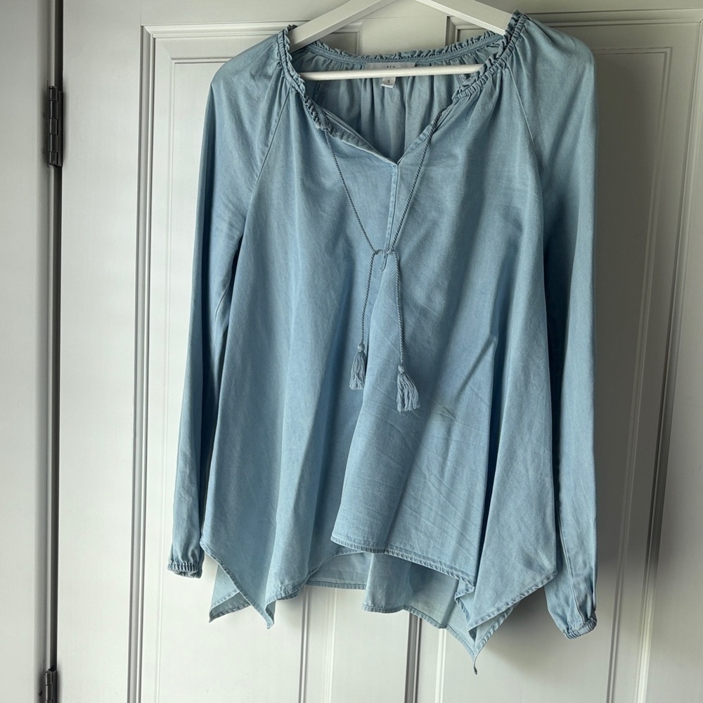 Y2K New Directions Sky Blue Light Denim Blouse with Tassel small - Picture 1 of 6